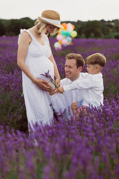 Radostná Těhotná Žena Šťastnou Rodinou Levandulovém Poli — Stock fotografie