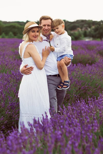 彼女の家族と幸せな妊婦はラベンダー畑に立っています — ストック写真