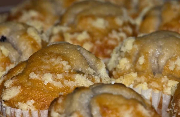 Fresh Batch Blueberry Muffins Seen Macro Lens Angled Shot Revealing — Stock Photo, Image