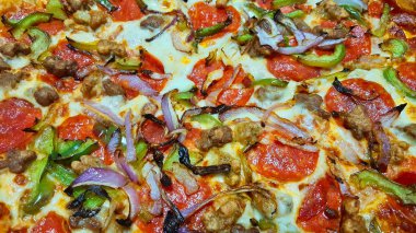 Yüce pizza pizza Topingler farklı çeşitli odaklanma ile renkli görüntü kadar kapatın.