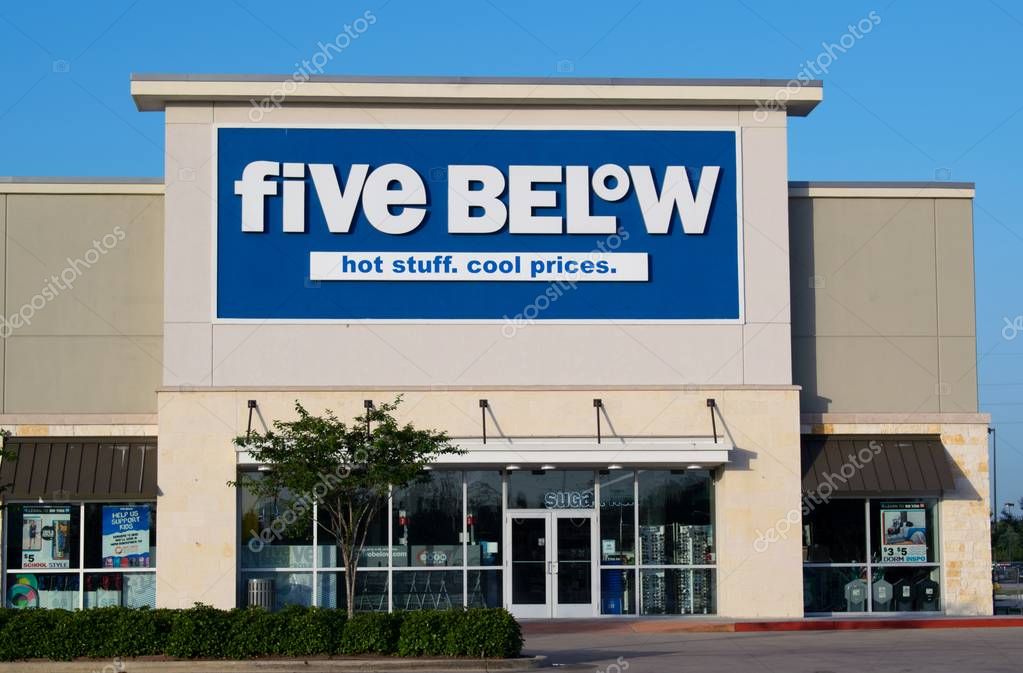 Houston, Texas/USA 08/22/2019: Five Below store in Humble, Texas. Founded in 2002, this US store chain specializes in a variety of items under 5 dollars, also fundraising activities and appeals to kids and young teens.