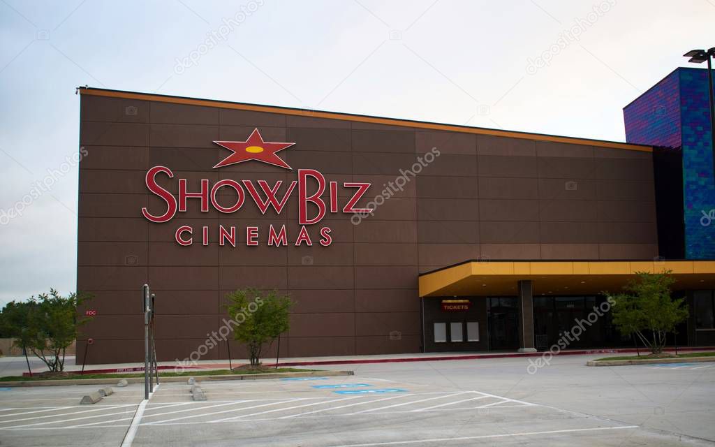 Houston, Texas/USA 09/06/2019: Show Biz Cinemas building in Humble, Texas. Spread across 3 US states, some even incorporate bowling lanes with their theaters. It was founded in 2007 in Dallas, Texas.