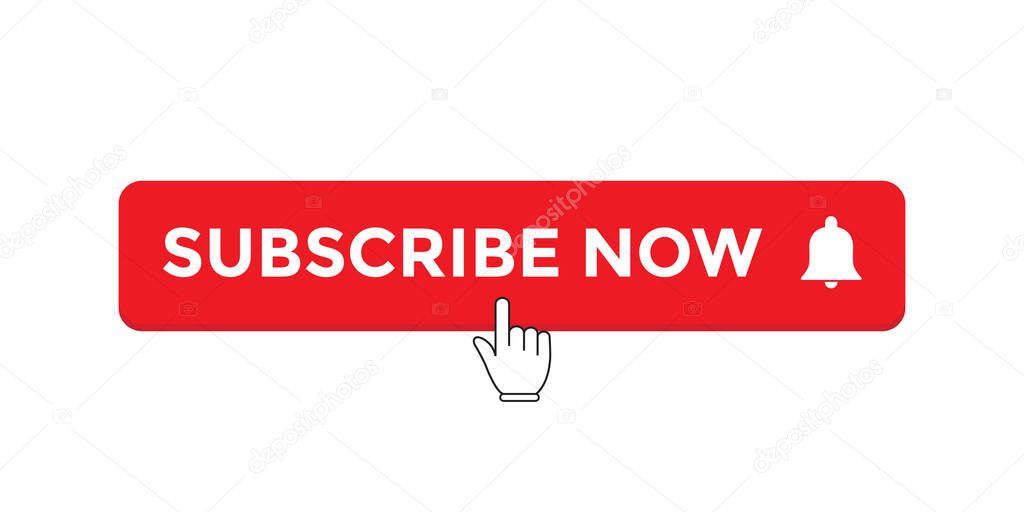 Subscribe Now Button with Click Hand Cursor Icon Vector for Channel in Trendy Flat Style