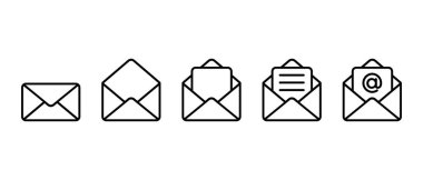 Posta ve e-posta zarfı simgesi seti. Kapalı, açık, gelen mektup, mesaj ve gelen kutusunda işaret işareti var