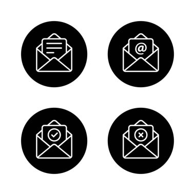 Email envelope icon collection on black circle. Document insert, mail mention symbol, verified, and failed message