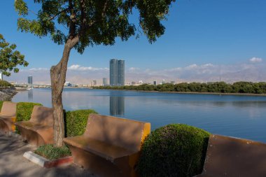 Ağaçlara doğru Julphar kuleleri ve Jebal Jais Ras al Khaimah, Birleşik Arap Emirlikleri geçmiş bakıyorum. Geniş açı.