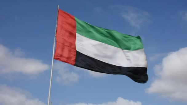 阿拉伯联合酋长国 Uae 旗帜在一个美丽的蓝天天吹在风中 — 图库视频影像