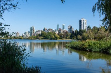 Vancouver Stanley Park Lost Lagoon, British Columbia, Kanada güzel yaz doğaya yakın şehir kentsel daireler doğru bakıyor.