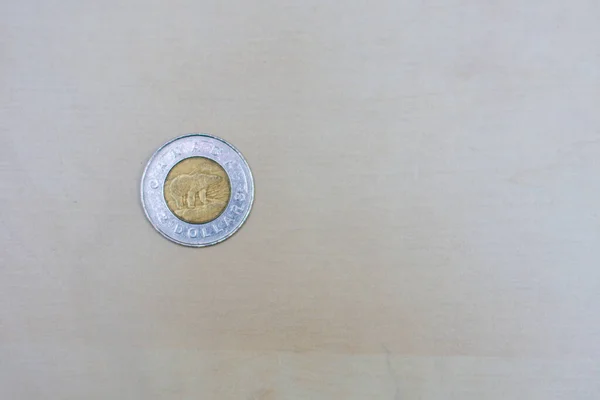 コピースペースのある明るい茶色のテーブルの背景に トーニーまたは2ドルのコイン カナダの通貨 — ストック写真