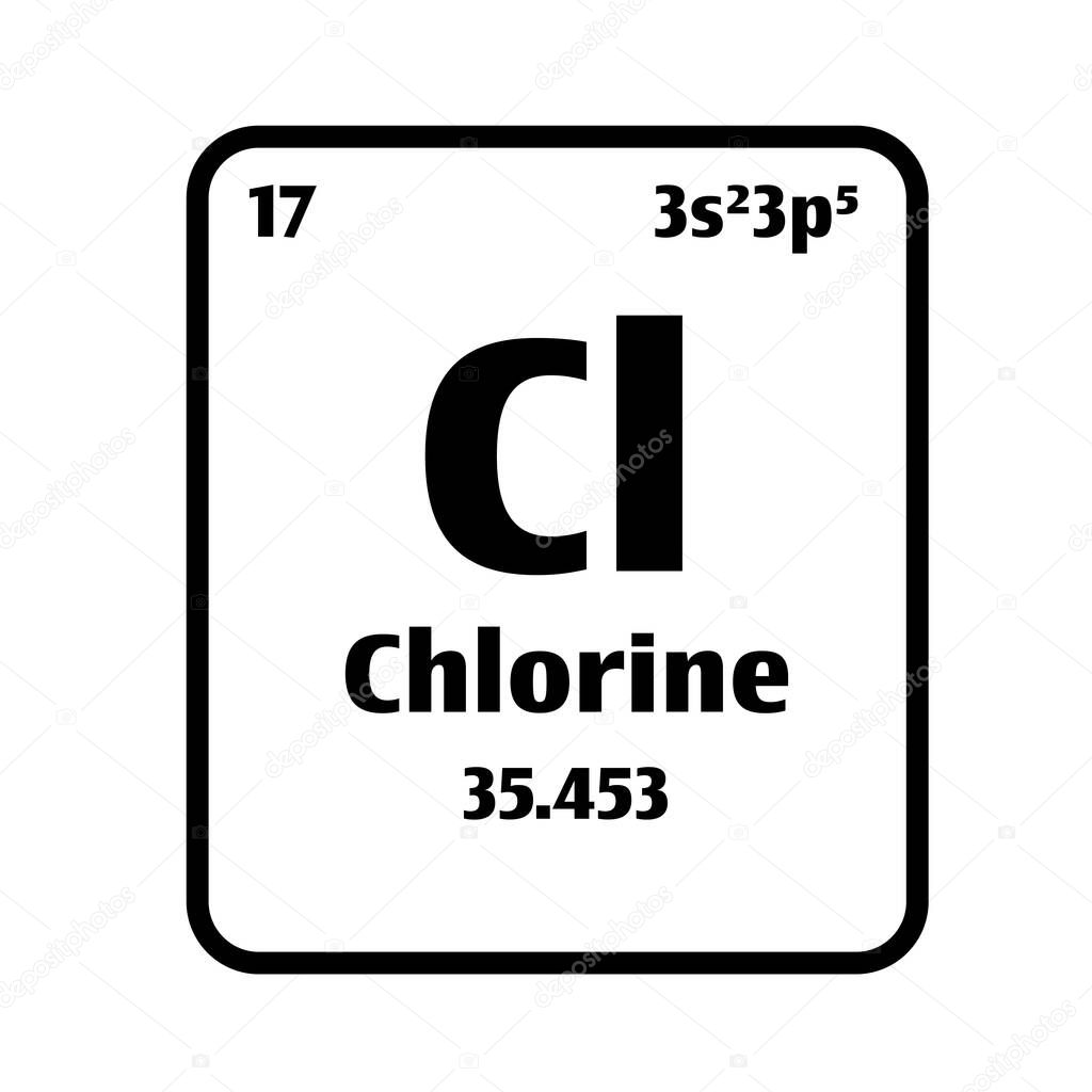 Chlorine (Cl) button on black and white background on the periodic table of elements with atomic number or a chemistry science concept or experiment.