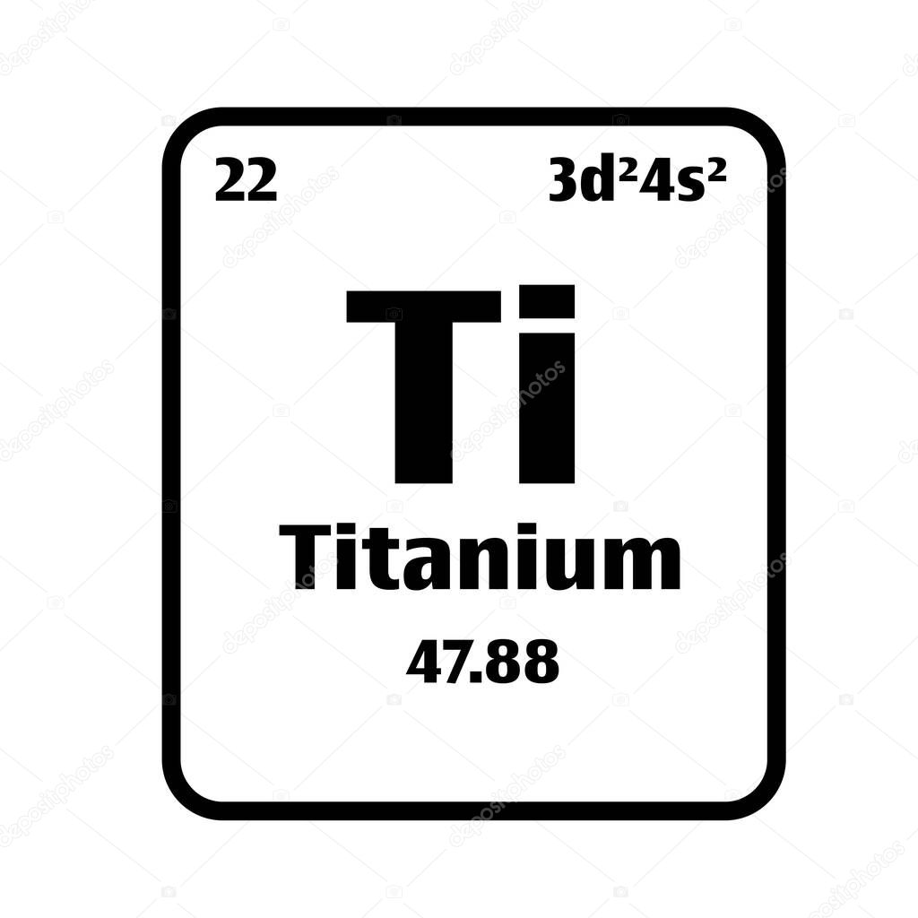 Titanium (Ti) button on black and white background on the periodic table of elements with atomic number or a chemistry science concept or experiment.