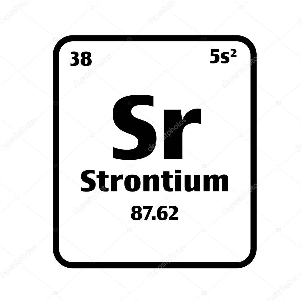 Strontium (Sr) button on black and white background on the periodic table of elements with atomic number or a chemistry science concept or experiment.