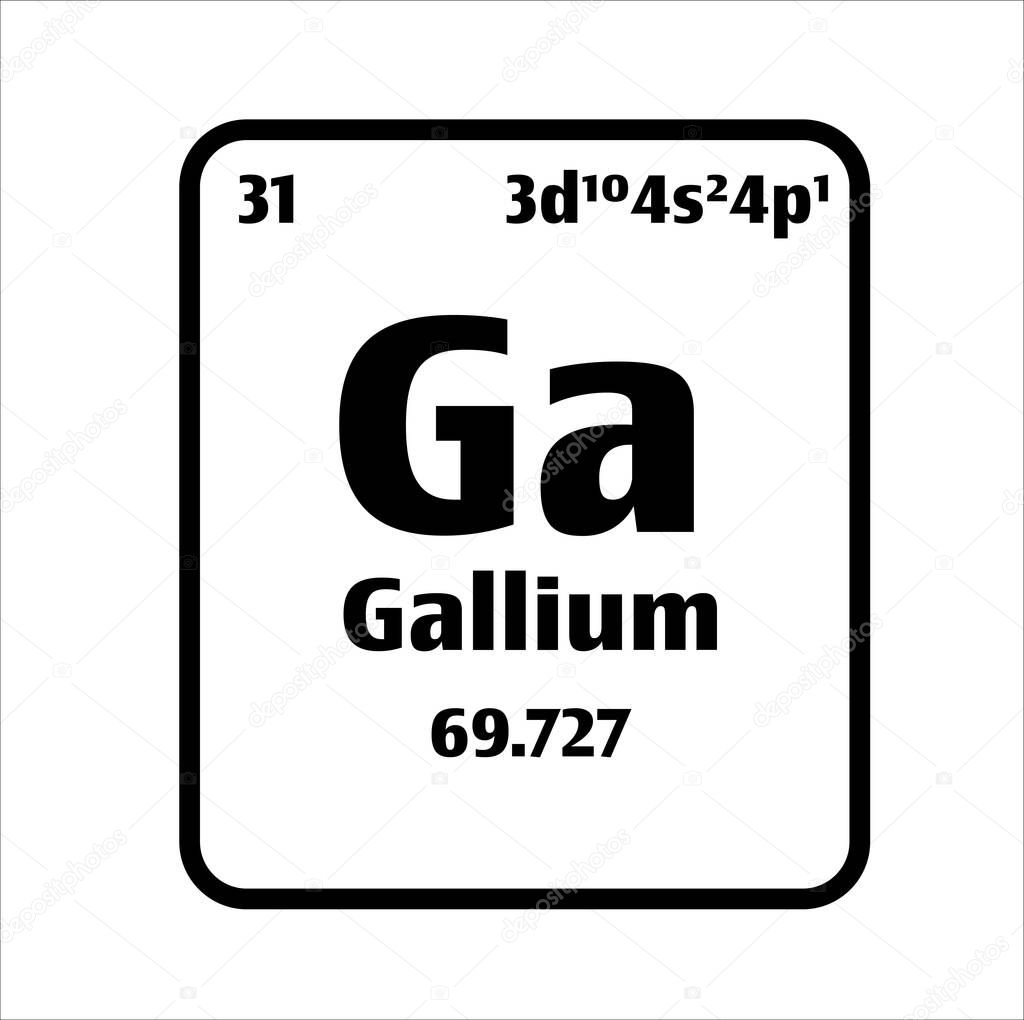 Gallium (Ga) button on black and white background on the periodic table of elements with atomic number or a chemistry science concept or experiment.