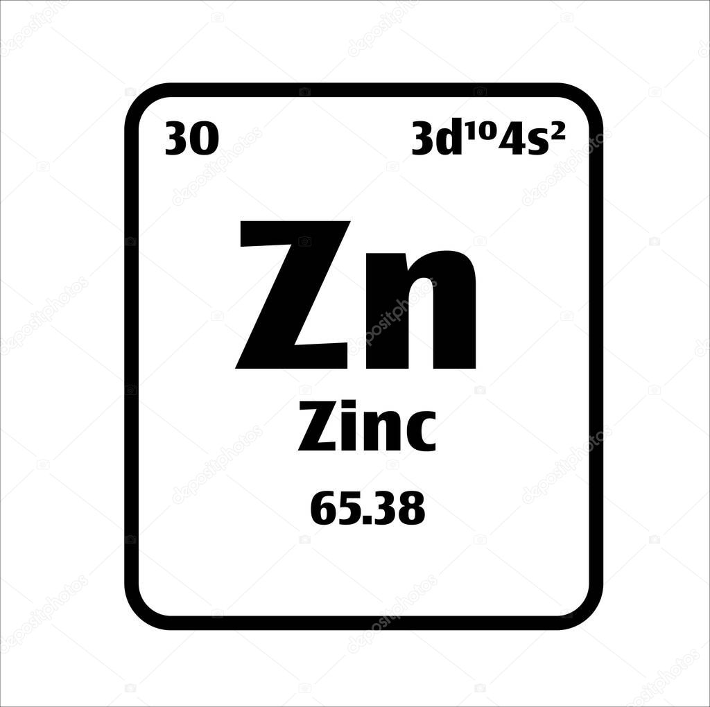 Zinc (Zn) button on black and white background on the periodic table of elements with atomic number or a chemistry science concept or experiment.