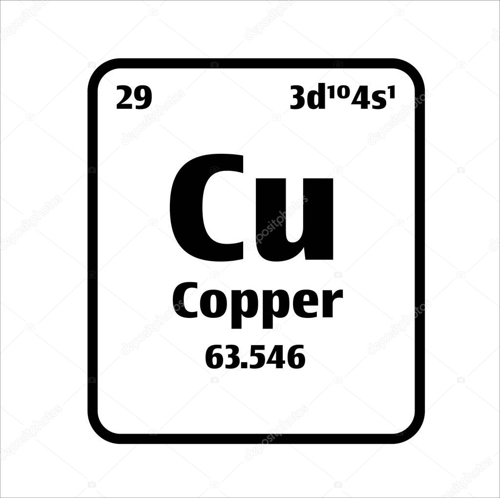 Copper (Cu) button on black and white background on the periodic table of elements with atomic number or a chemistry science concept or experiment.