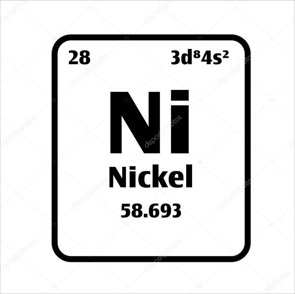 Nickel (Ni) button on black and white background on the periodic table of elements with atomic number or a chemistry science concept or experiment.