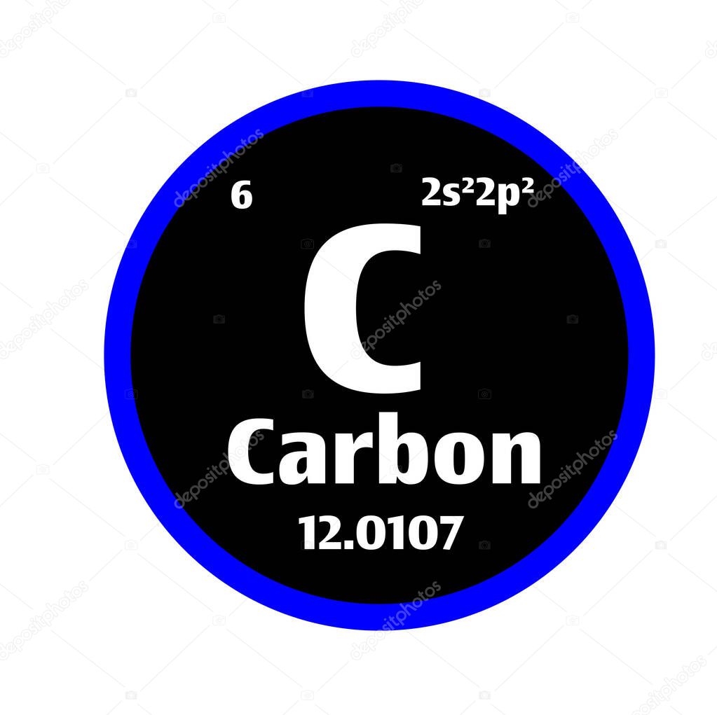 Carbon (C) button on black and white circle button background with blue outline on the periodic table of elements with atomic number or a chemistry science concept or experiment.