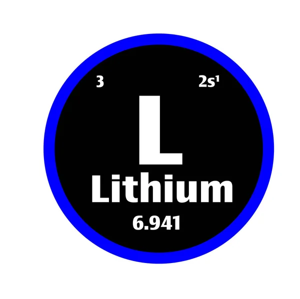 具有原子序数或化学概念或实验元素周期表上带有蓝色轮廓的黑白圆形按钮背景上的锂 — 图库矢量图片