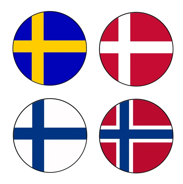 Scandinavia Flag Button Set Sweden Denmark Finland Norway Rounded Circle — Stock Vector