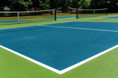 Michigan, ABD 'deki pikbol sahasının eğlence amaçlı sporu açık hava parkındaki boş mavi ve yeşil bir sahaya bakıyor. Yer Görünümü.