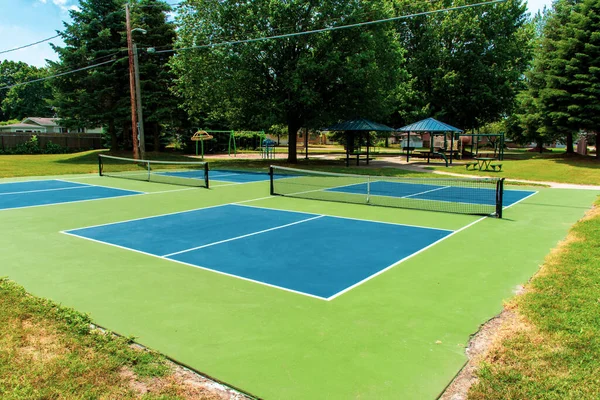 ミシガン州のピックルボールコートのレクリエーションスポーツ 屋外公園で空の青と緑の新しい裁判所を見て — ストック写真