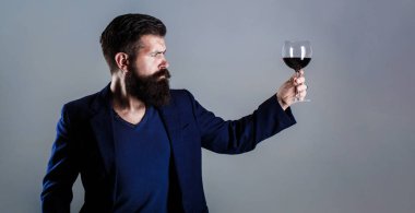 Bir bardak kırmızı şarap onun elinde olan adam. Sakallı, adam, kırmızı şarap tatma sommelier sakallı. Sommelier, şarap, şarap, Erkek winemaker camlı Melul'un. Şampanya elinde tutan adam