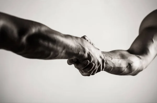 Two hands, isolated arm, helping hand of a friend. Handshake, arms. Friendly handshake, friends greeting. Teamwork and friendship. Closeup. Rescue, helping gesture or hands. Concept of salvatio — Stock Photo, Image