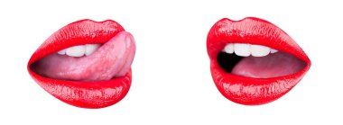 İzole dudak, şehvetli dudakları. Ağız, seksi dilini. Güzel kırmızı dudak, ruj ve lipgloss. Seksi dudaklar, dil. Sensual ruj, parlak kırmızı lipgloss. Yakın, güzel ağız, portre kadın dudak.