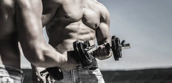 Dumbbell. Muscular bodybuilder guys, exercises with dumbbells. Strong bodybuilder, perfect deltoid muscles, shoulders, biceps, triceps and chest. Muscles with dumbbell. Man training with dumbbells — Stock Photo, Image