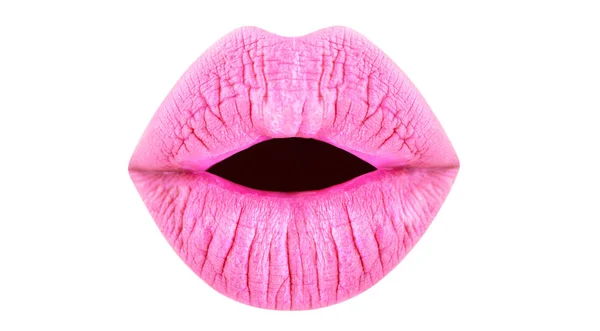 Roze lippen, textuur lip. Close up van sexy natuurlijke lippen met lippenstift. Make-up lip gloss cosmetisch product, macro, geïsoleerd, mode. Lip care en schoonheid, textuur. Roze felle lippenstift, sensuele mond — Stockfoto