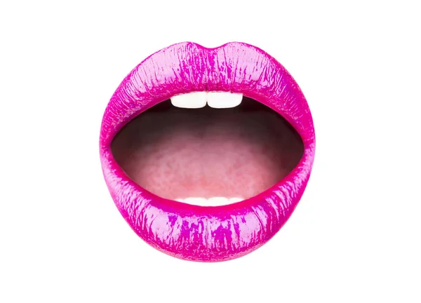 Geïsoleerde lip, mooie make-up, sensuele mond, sexy lip, glimlach. Lippenstift of lipgloss. Schoonheid sensuele lippen, mooie lip, felle lippenstift. Close-up, macro met mooie mond, sensuele makeu — Stockfoto