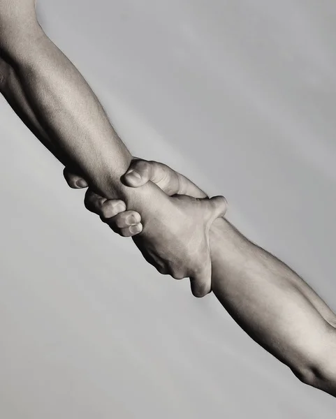 Two hands, helping hand of a friend. Rescue, helping gesture or hands. Strong hold. Handshake, arms, friendship. Friendly handshake, friends greeting, teamwork, friendship. Close-up. Black and whit — Stock Photo, Image