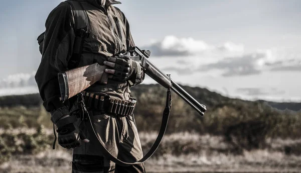 Chasseur Période Chasse Saison Automne Homme Armé Chasseur Avec Sac — Photo