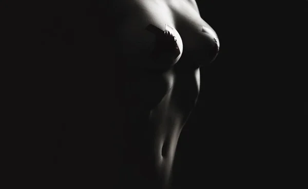 Sexy breast, boobs, tits. Beautiful slim woman body, sexy belly, abdomen. Sensual female breast. Naked woman, nude girl, sensual female, girl. Women with large breasts. Sexy woman. Black and whit — Stock Photo, Image