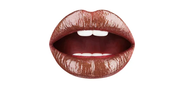 Geïsoleerde lip. Donker bruin lippen, portret. Donker bruin lippenstift, mooie make-up, sensuele mond, sexy lippen, lippenstift of lipgloss. Close-up, macro met mooie mond, sensuele make-up. Geïsoleerde mond, auto — Stockfoto