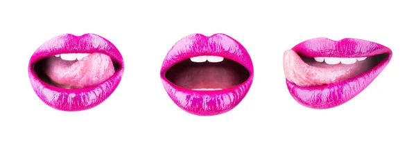 Sada LIP. Sexy rty, péče o rty a krásu. Krásy smyslné rty. Smyslná ústa. Rtěnky či lesky na rty. Krásná nabídka lip, rtěnky a lesky na rty, make-up. Zblizka, makro krásné ženy ústy. — Stock fotografie