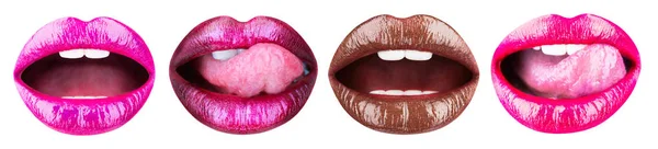 Σετ γυναικεία χείλη με κραγιόν γυαλιστερό. Κοντινό πλάνο της σέξι παχουλό μαλακά χείλη με σκούρο καφέ κραγιόν, σέξι. Κόκκινα χείλη, γλώσσα σέξι. Συλλογή ανοιχτό το στόμα. γυναικεία χείλη συλλογή απομονωμένη. Ροζ χείλη — Φωτογραφία Αρχείου