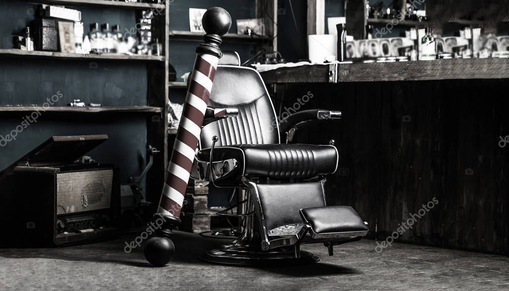 Logo of the barbershop, symbol. Stylish vintage barber chair. Hairstylist in barbershop interior. Barber shop chair. Barbershop armchair, salon, barber shop for men. Barber shop pole. Black and white.