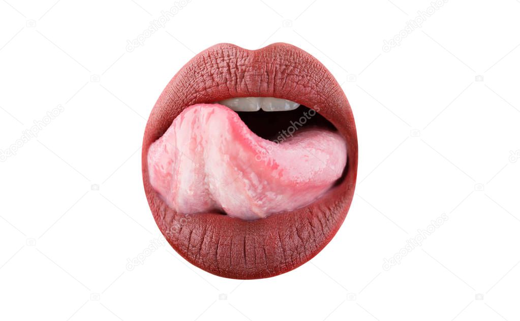 Tongue and sexy mouth. Woman lip, female lips. Beautiful lip, lipstick and lipgloss, passionate, sensual makeup. Sexy lips, tongue out. Close up, macro with beautiful mouth. Sensual girl