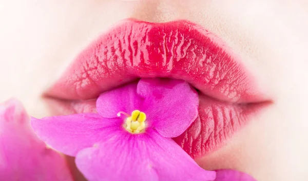 Close-up lips and flower. Close-up beautiful female lip with bright lipgloss makeup. Spa and cosmetics. Lips with flowers, sexy mouth, natura