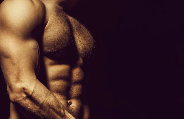 Altı paketi, abs, güçlü göğüs. Seksi kaslı erkek gövde altı paketleri, AB atletik erkek çıplak göğüs ve ellerinde güçlü pazı ile eğitim. Güçlü erkek, gövde adam. Sporcu, kaslar, atlet, çıplak