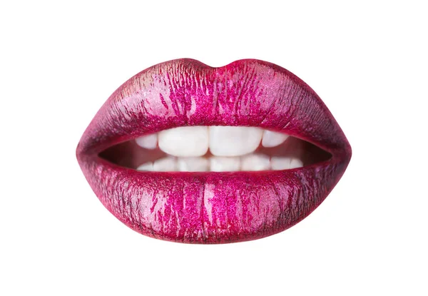 Portraitlippen, Lippenstift oder Lipgloss. schöner Lippenstift, Schönheitslipgloss. Nahaufnahme, Makro mit Lippe, Mund. sexy Lippen, Lippenpflege. sinnlichen Mund, schönes Make-up, sexy mak — Stockfoto