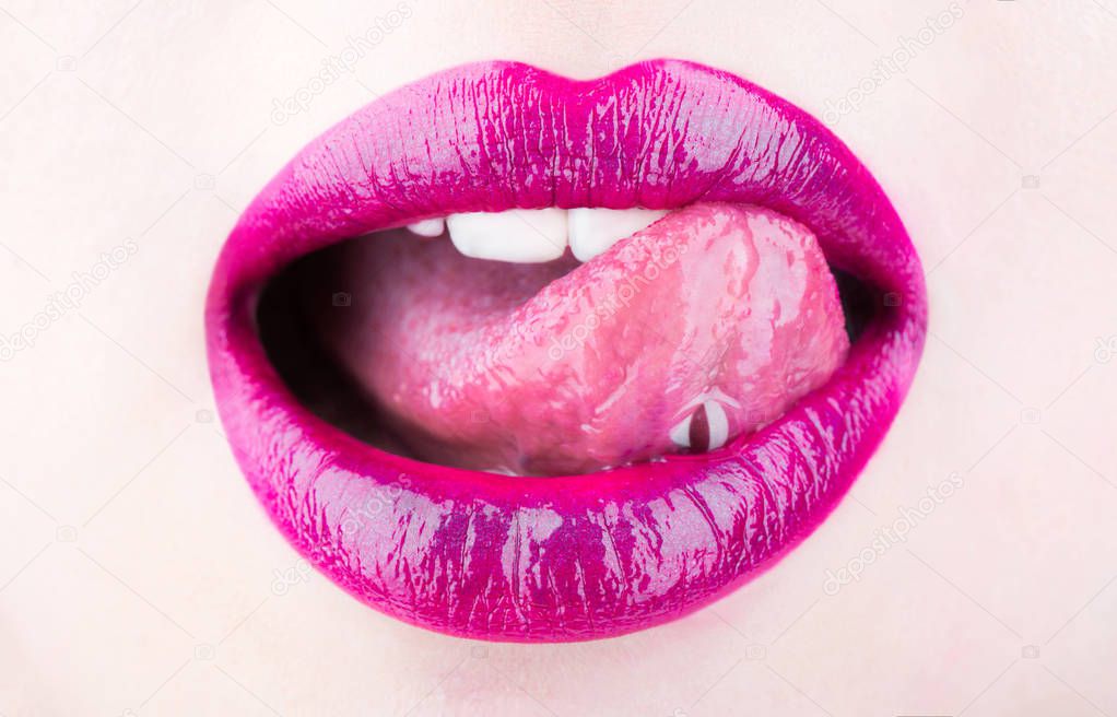 Woman lip, female lips. Tongue and sexy mouth. Beautiful lip, lipstick and lipgloss, passionate. Sexy lips, tongue out. Close up, macro with beautiful mout