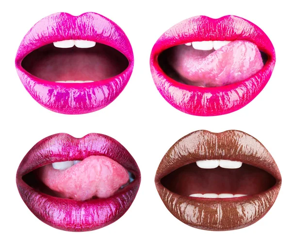 Collezione a bocca aperta. Bella collezione di labbra femminili isolate su sfondo bianco. Labbro rosa, rossetto o rossetto, sexy. Serie di labbra di donne con rossetti lucidi, cosmetici. Rosse labbra, lingua sesso — Foto Stock