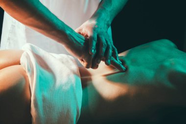 Spa vücudu, sağlık ve rahatlama konsepti, spa merkezi. Kadın vücuduna masaj yapan bir masör. Kadın masajı, kız masajı, masaj. Güzellik tedavisi konsepti. Herapy, vücut bakımı, masaj.