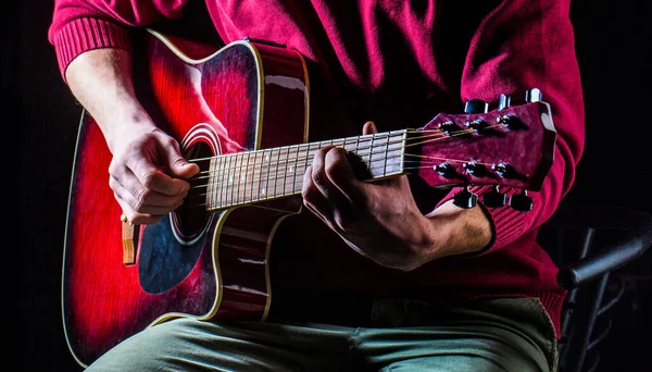 Music concept. Electric guitar, string, guitarist, musician rock. Music festival. Musical instrument. Guitars and strings. Guitar acoustic. Play the guitar. Live music — Stock Photo, Image