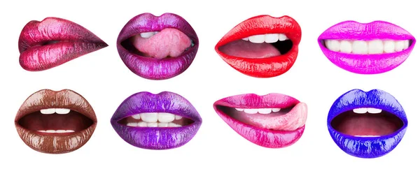 Set eller collage kvinnliga läppar med olika färg på läppstift på de kvinnliga läpparna. nyanser av läppstift makeup variationer. Samling av läppar färgglada nyanser. Läppstiftens palett. Närbild — Stockfoto