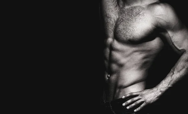 Beautiful male torso, ab. Sexy man, naked body, nude male. Strong mans, muscular men. Sexy body, nude man, naked male. Athletic caucasian, ab, six pack, chest muscles, triceps. — Stock Photo, Image