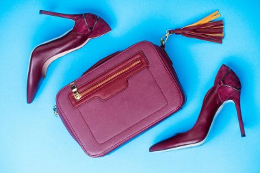 Yüksek topuklu kadın ayakkabıları ve bir çanta. Şık kırmızı kadınlar, deri sandaletler, ayakkabılar. Kadın çantası, kırmızı ve mavi arka plan izolasyonunda sandaletler. Bayanlar çantası ve şık kırmızı ayakkabılar.