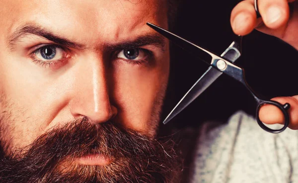 Tijeras de peluquero y navaja de afeitar, peluquería. Peluquería vintage, afeitado. Hombre barbudo, hombre barbudo —  Fotos de Stock